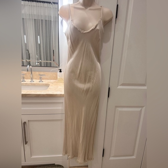 Pharaoh Beige Satin Slip Dress with Frayed Trim, Size P/XS - Picture 2 of 13